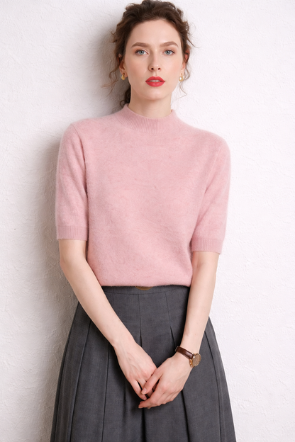 Cashmere Mock-Neck Short Sleeve Sweater